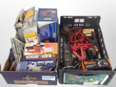 Two boxes of power tools, Black and Decker, Halfords tyre inflator, jump leads, wood working planes,