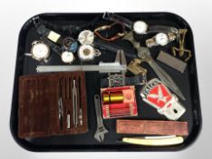 A vintage cut throat razor in box together with precision drawing utensils, callipers,