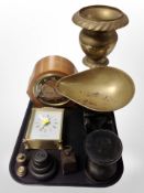 Two mantel clocks, set of cast iron scales with weights,
