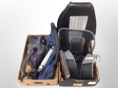 Two boxes of vacuum cleaner, storage bags, anglepoise lamp,