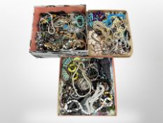 Three trays of costume jewellery, necklaces, faux pearls,