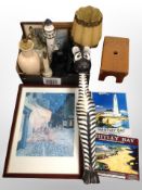 A pine cracket, wooden figure of a zebra, box of table lamps, leather jacket,