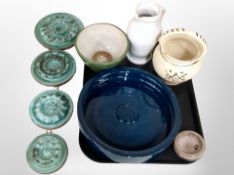 A group of Danish art pottery, four hanging circular plaques, bowls,