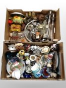 Two boxes of silver plated wares, figures, glass ware, cottage ware teapots, ornaments,