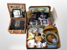 A Danish wicker picnic hamper and two further boxes containing kitchen mixing bowls,