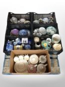 A pallet of seven boxes containing Ringtons blue and white china, Italian pottery vase and jug,