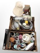 Three boxes of 20th century ceramics, stoneware vases, glass serving platter,