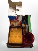 A box of wine press, six crystal glasses, parquetry inlaid box,