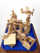 A group of six hand cranked wood models including musician figures etc ,
