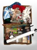 Two boxes of chess board and pieces, telescope,