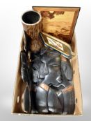 A box of ethnographic carvings, vase,