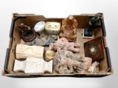 A box of Oriental resin and carved wooden ornaments, contemporary mantel clocks,