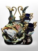 A pair of Continental gilt ewers, similar platter, pair of Portuguese twin handled vases,