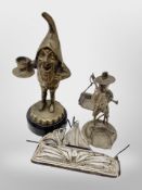 A silver filigree boat together with a further Chinese white metal figure and a brass figure of a