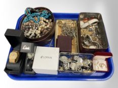 A collection of costume jewellery : necklaces, chains, dress rings, 9ct gold earrings,