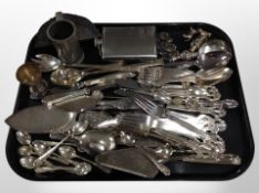 A stainless steel hip flask and a quantity of Continental flatware,