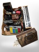 A Tandberg stereo receiver together with two boxes of assorted Danish audio items,