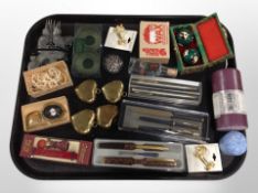 A group of writing utensils, pair of Chinese stress balls in box, candles, wax sealing set,