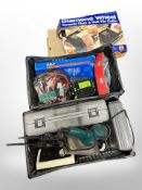 Two crates of assorted tools, jump leads,
