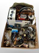 Two boxes of Danish metal wares stainless steel kitchen jars, serving platters,