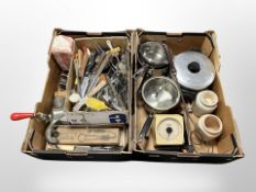 Two boxes of stainless steel pans, old slab of salt in original wrapping, ceramic vase, cutlery,