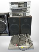 A Sanyo Auto return turntable TP82 together with three Sanyo hifi separates and a pair of teak