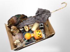 A box of vintage parasol, silver plated salver, figures, sealed alcohol decanter,