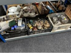 Three crates of assorted metal wares, copper kettle, stainless steel kettles, silver plated items,