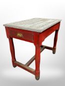 A painted limed oak WWII period War Office table on gun barrel legs,