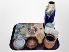 A group of Danish studio pottery including wall mirror decorated with birds, tile, shallow dishes,