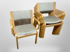 A set of six 20th century Danish laminated beech stacking chairs in striped upholstery