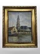 Five continental pictures to include oil on canvas street scene, 43 cm x 33 cm,