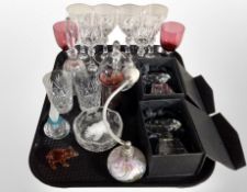 A group of crystal wine glasses, swan bowl, perfume atomiser,