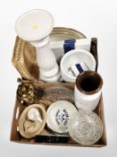 Two boxes of porcelain jardiniere on stand, pottery vase, wicker baskets,