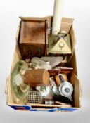 A box of brass lantern, glass wall lights, wooden bookends, barometer, table boxes,