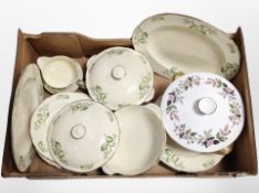 Three boxes of Alfred Meakin dinner ware, coloured glass ware,