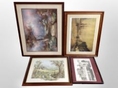 A contemporary oil painting of a cottage in a wooded landscape together with a print after Atkinson