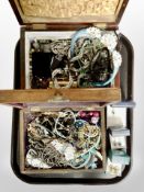 Two wooden jewellery boxes, assorted costume jewellery, two boxed pairs of earrings,