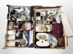 Two boxes of costume jewellery, faux pearls, earrings, dress rings,