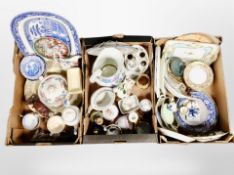 Three boxes of blue and white Willow pattern ceramics, pottery wash jug, stoneware, tea china,