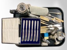 A tray of silver plated items, cutlery,