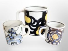 Three Royal Copenhagen Fajence mugs, tallest 11.