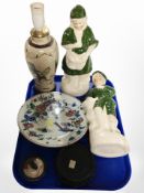 A Chinese crackle glazed lamp base together with carved wooden vase stand,