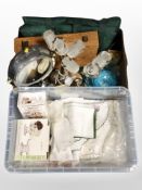 Two boxes of contemporary table lamps, glass ware, carriage clock,