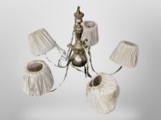 A Continental silvered metal five branch pendant light fitting,