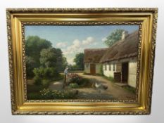 Danish school : oil on canvas, chickens in a farm yard,