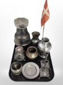 A group of antique pewter and plated wares, pair of candlesticks, hammered pewter vase,