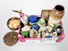 A box West German pottery stick pot, small basket of threads, Maling rose bowl and vase,