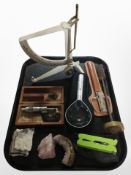 A group of Continental scales and measures, LED magnifying glass, folding pocket multi tool,