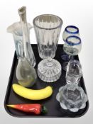 A group of Scandinavian glass ware, mottled glass vase, pair of wine glasses, banana and carrot,